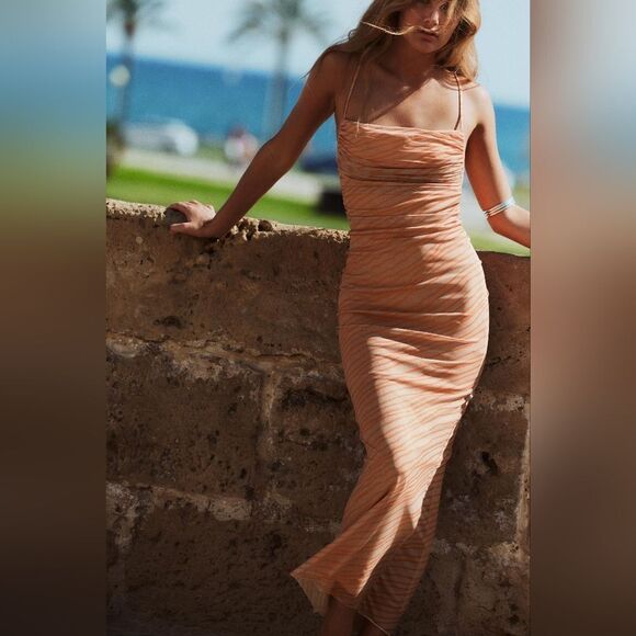 NWT ZARA STRAPLESS FLORAL DRESS Orange - Picture 14 of 16